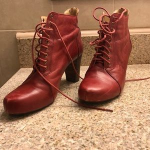 Mine West red leather lace up heeled booties